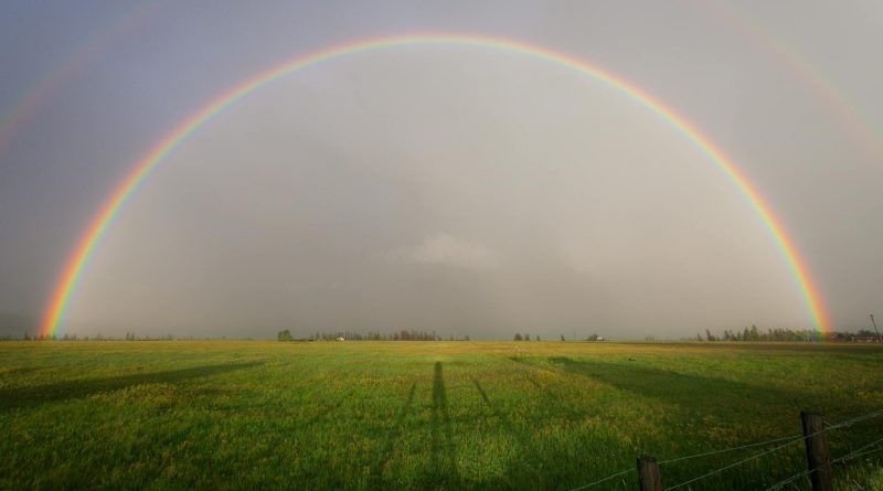 A full rainbow arches over a serene farmland landscape, capturing natural beauty.