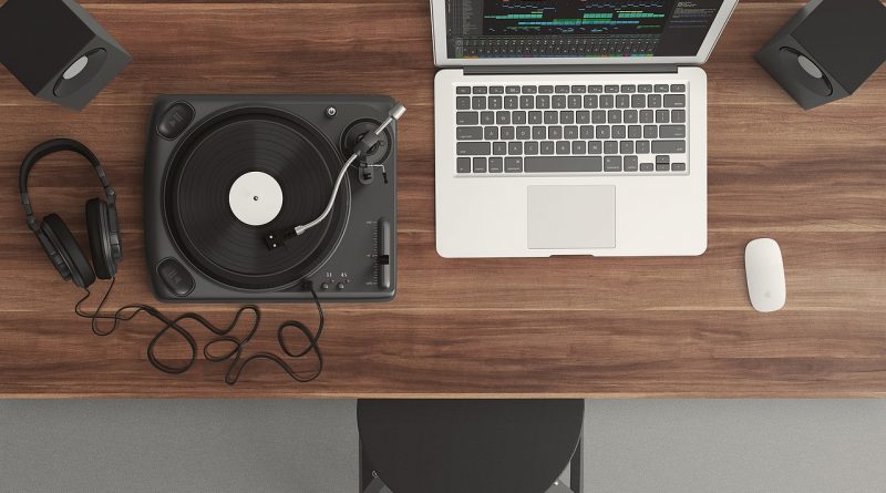 turntable, computer, workspace, workstation, flat lay, laptop, top view, audio, equipment, music, record, notebook, table, mockup, computer, music, music, music, music, music